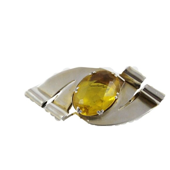 Coro Craft Sterling Silver Bow Brooch with Citrine Color Oval Stone - Picture 2 of 5